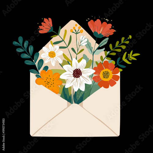 Elegant envelope with a bouquet of red and orange flowers for a spring celebration gift Plant