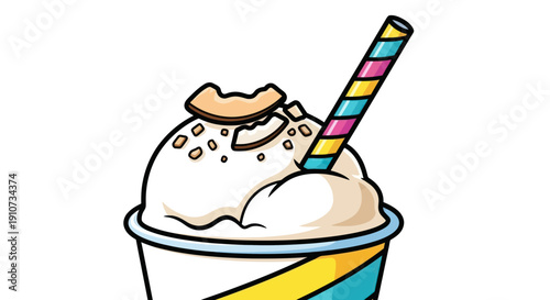 Cartoon Milkshake with Cookie Topping and Striped Straw.