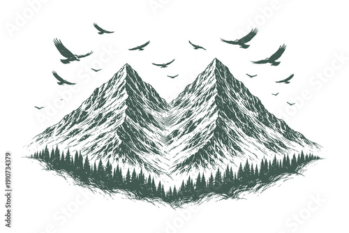 Fantasy vector illustration of twin mountain peaks with a pine forest at the base and eagles soaring above in a classic woodcut etching style.