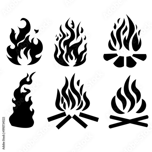  fire flame and bonfire silhouette icons, Campfire Shape Sign, Isolated Bonfire Collection,  Vector Silhouette Icons Set