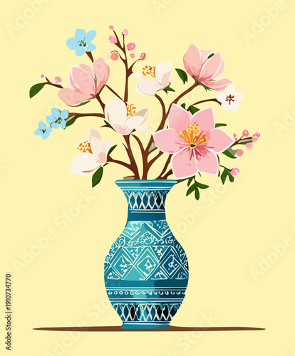 Blue patterned vase with pink flowers and green leaves for a classic garden decor theme Plant