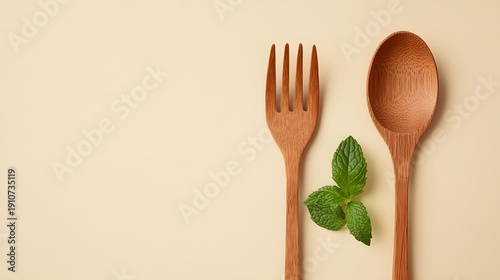 Wallpaper Mural Sustainable Wooden Cutlery Set with Fresh Mint Leaves on Beige Background Torontodigital.ca