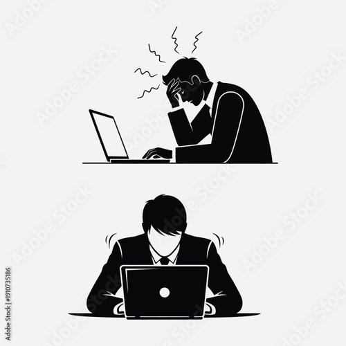 Silhouette of Stressed Businessman Working on Laptop with Headache. Office Stress  Work Life – Black Vector Set