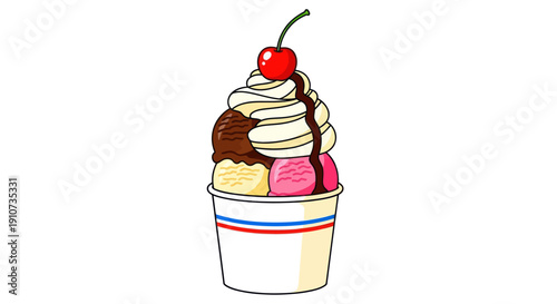 Cartoon illustration of a colorful ice cream sundae in a cup with a cherry on top.
