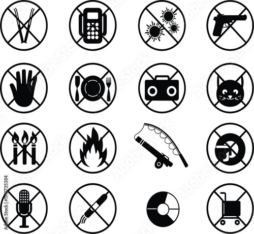 Extensive set of minimalist black and white prohibition icons for public facilities and safety regulations.