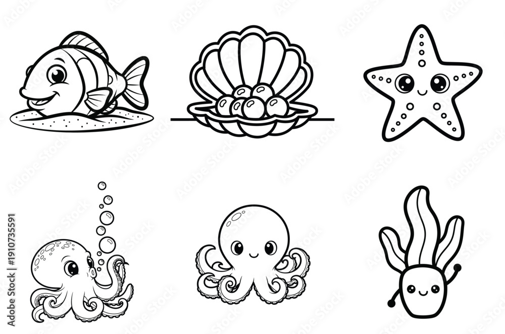 Fototapeta premium Whimsical underwater sea creatures and ocean treasures illustration