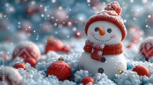 Wallpaper Mural Adorable 3D Snowman Character in Festive Christmas Winter Forest with Red Berries and Ornaments Torontodigital.ca