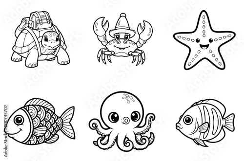 Whimsical line drawings of six cartoon sea creatures in black and white