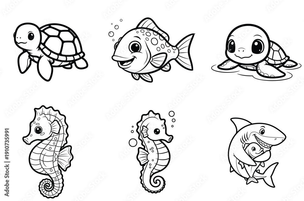 Fototapeta premium Adorable cartoon sea creatures in a playful underwater lineup