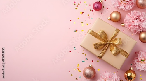 Wallpaper Mural Elegant Gift Box with Pink Flowers and Golden Christmas Ornaments on Soft Pink Background Torontodigital.ca