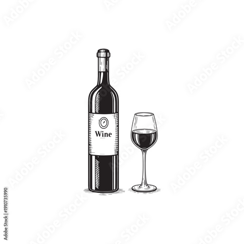 bottle and glass of wine vector sketch