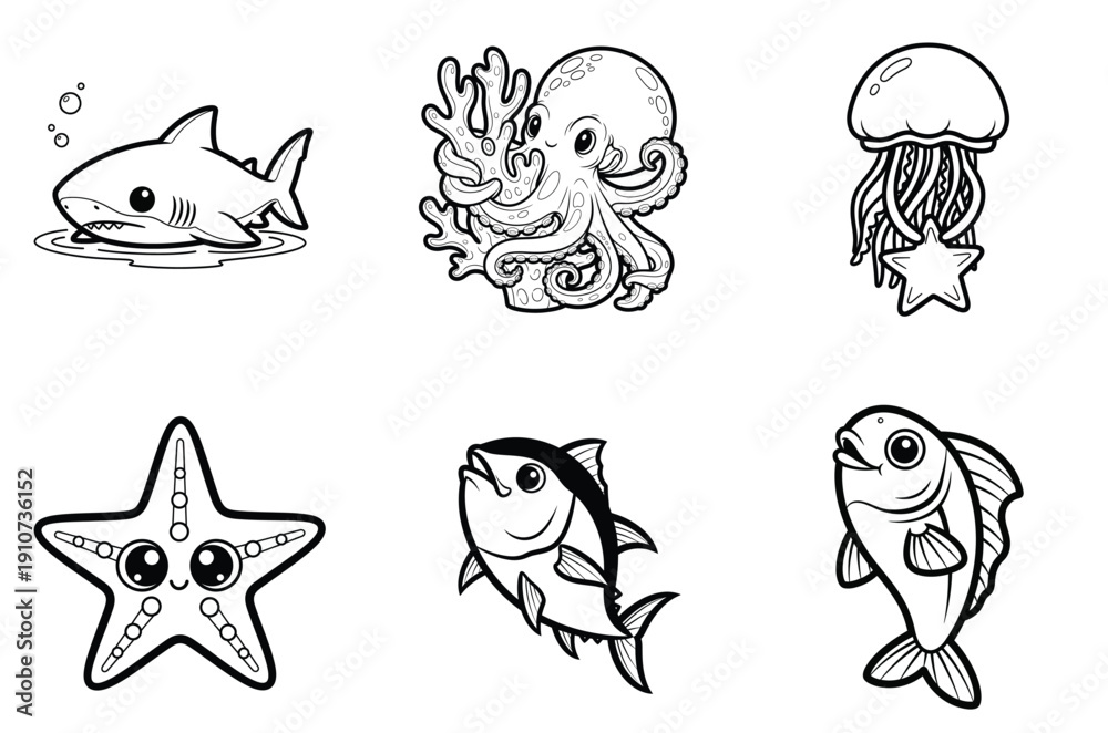 Obraz premium Whimsical underwater creatures and sea life illustrations in simple line art