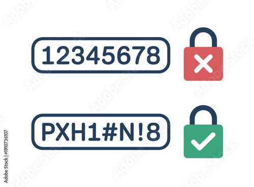 Vector graphic illustrating a strong password with a green lock and a weak password with a red lock