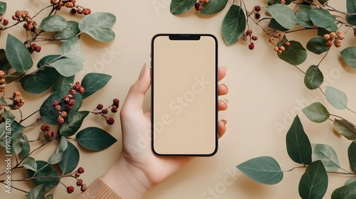 Wallpaper Mural Hand Holding Smartphone Mockup Blank Screen Surrounded Leaves Coffee Beans Beige Background Flat Lay Torontodigital.ca