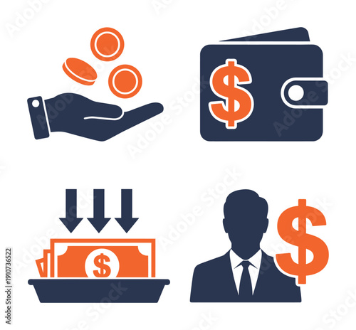 Vector graphic illustration of various money and finance related icons