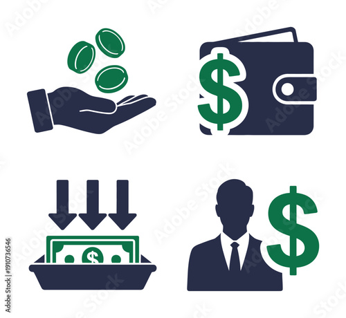 Vector graphic illustration of various money and finance related icons