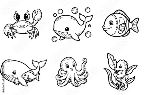 Whimsical line drawing of six underwater sea creatures in a playful cartoon style