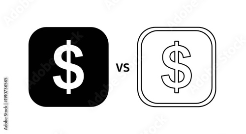 Black and white dollar sign icons vector, comparison of filled and outlined money symbols, for finance or business mockup, versus contrast isolated on White Background