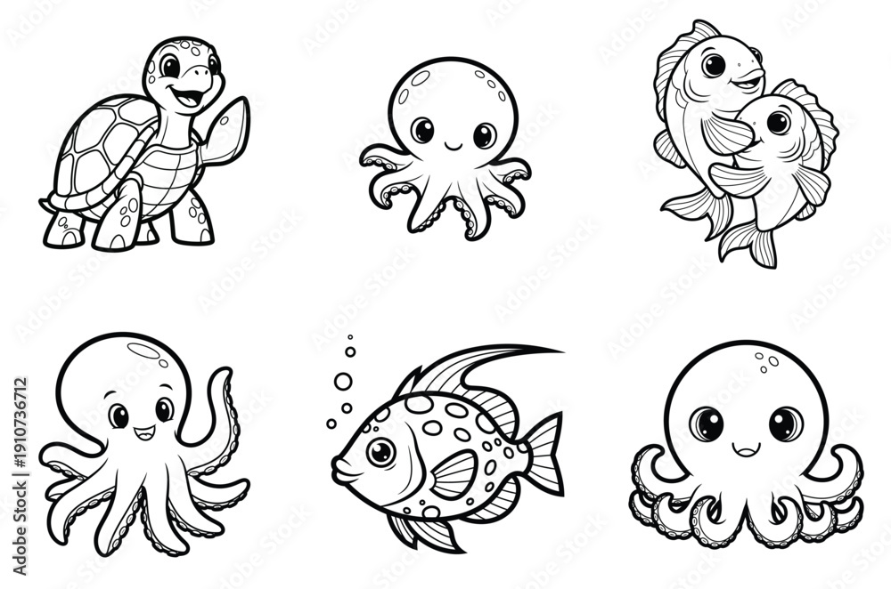 Fototapeta premium Whimsical line drawing collection of underwater creatures and sea life