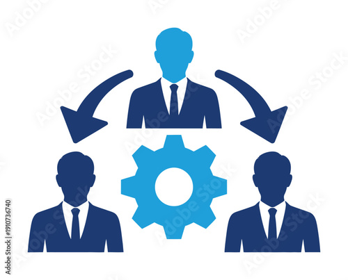 Vector graphic showing teamwork and collaboration with three businessmen and gear