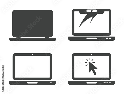 Vector graphic showing four different laptop computer icons on a white background