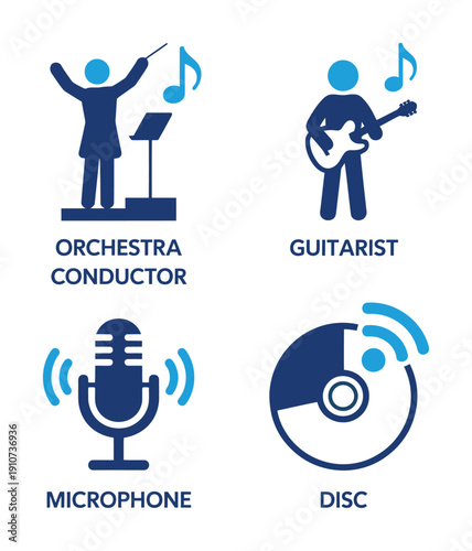 Vector graphic illustration of music related icons and professions depicted