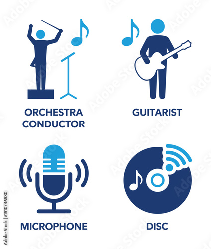 Vector icons of various music related professions and equipment in blue