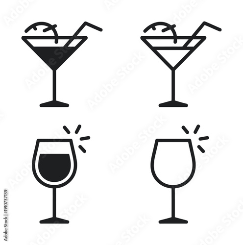Vector illustration of four different cocktail glasses with straws and garnishes