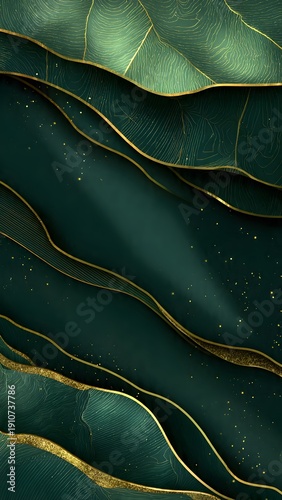 Luxury Emerald Green Background with Gold Paint Splash and Drip Texture