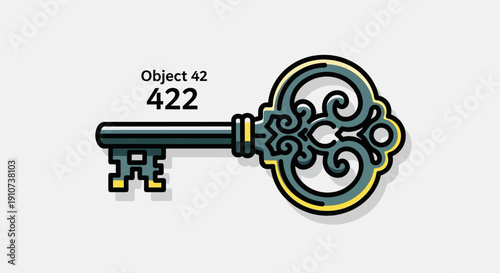 An ornate key with intricate design and golden accents displayed on a plain white surface