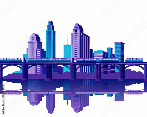Stylized cityscape with a train bridge and vibrant purple reflections