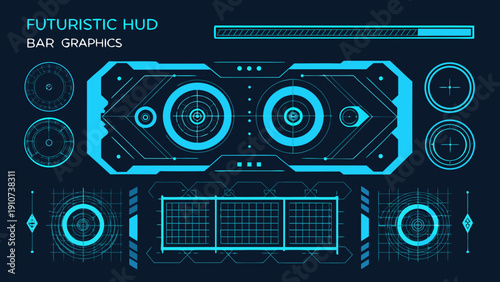 Futuristic heads up display with bright blue graphics and target reticles