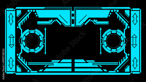 A futuristic teal colored cassette tape frame with symmetrical design elements