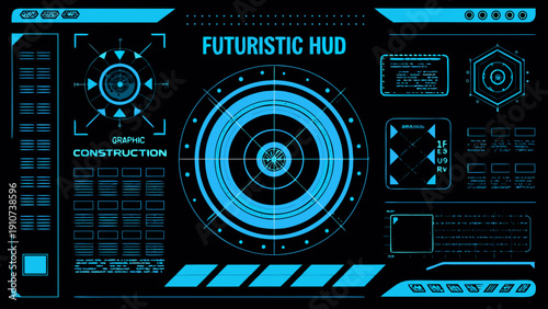 Futuristic heads up display with targeting reticle and digital interface elements