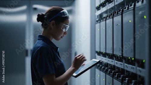 A professional female technician in safety gear inspects operational server racks in a dimly lit data center. She consults a tablet for diagnostics, then reaches out to touch and verify the status of