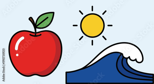 A vibrant red apple beside a blue wave under a bright sunny day illustration