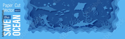Blue cutout design with stingray hammerhead fish shark jellyfish crab star wave pattern. Ocean bottom reef under life bg. Save the ocean fantasy papercut background features layered underwater scene.