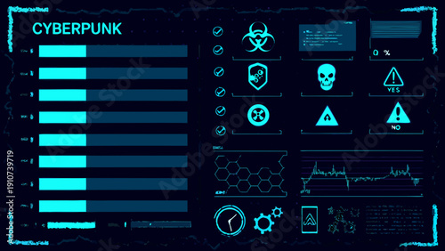 Cyberpunk interface with biohazard symbols warning signs and data displays