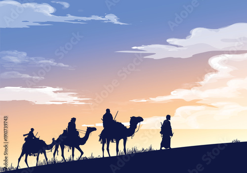 Caravan of camels silhouette landscape vector background. great design for Islamic holiday, adventure and travel banner, cover and poster.