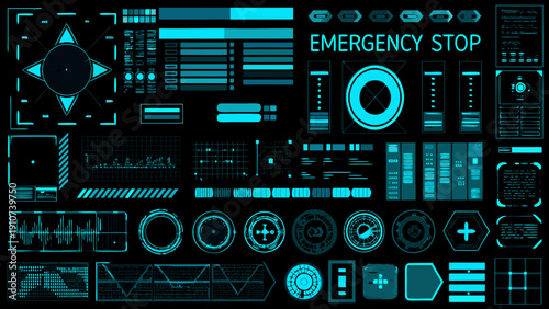 Futuristic interface elements with glowing blue lines and geometric shapes