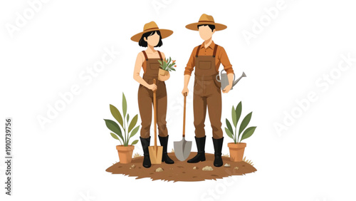 Man and Woman Gardeners in Overalls with Shovels and Plants on Transparent Background PNG for Gardening and Agriculture Services