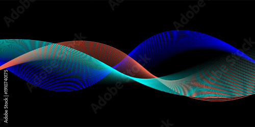 Neon flowing wavy lines on black background. Abstract sound wave design for ai concept, equalizer, audio record, voice assistant. Blue, pink orange gradient curve stripes. Vector wallpaper
