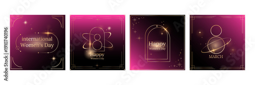 luxury Happy Women's Day template set with elegant golden line art frames, number 8 typography, and sparkling details for greeting card, web banner, social media post, website flyer invitation. Vector