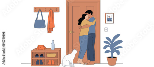 Vector illustration of a young couple embracing at the front door with a pet cat for home coming moving house or domestic relationship concepts
