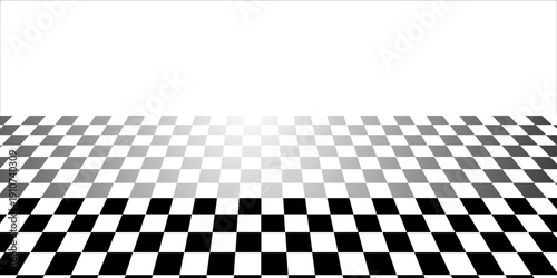 Black and white checkerboard floor fading in perspective. Vanishing checkered tile pattern background. Vector vintage empty room stage checker floor. Retro horizontal chess board grid plane surface