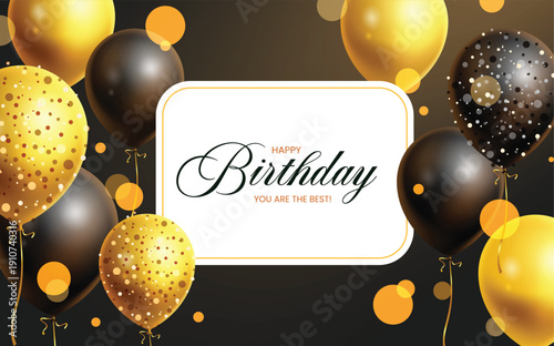 Birthday greeting vector template design. Happy birthday text with elegant gold balloons, frame and confetti elements for golden birthday celebration.  Vector illustration.
