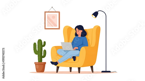 Woman Working on Laptop in Yellow Armchair at Home on Transparent Background PNG for Freelance and Lifestyle Design