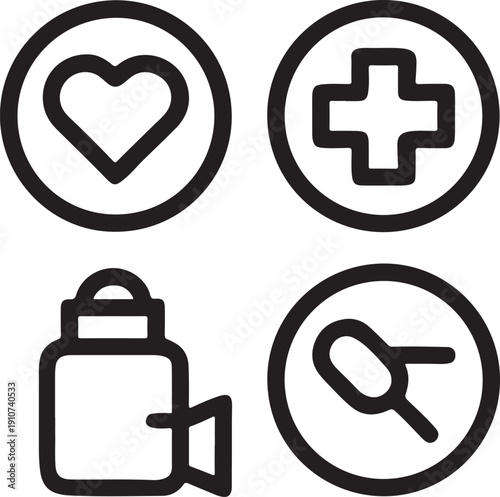 Medical and healthcare icon set including heart plus symbol medicine bottle and capsule sign