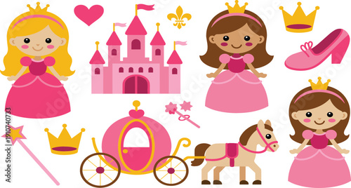 Cute fairy tale princess vector illustration set featuring pink castle magic carriage horse crown and magical wand for girls birthday and fantasy designs