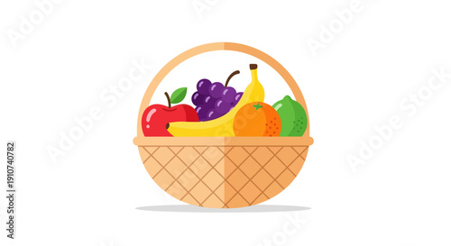 Colorful Fruit Basket Illustration with Apple Banana Grapes Orange and Lime.